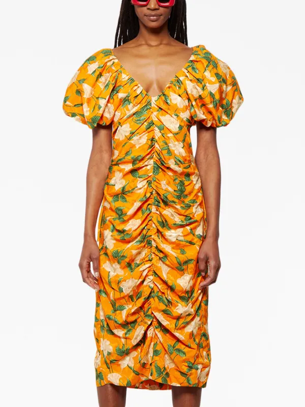 agua bendita orange dress Agua Bendita Floral-print Ruched Dress