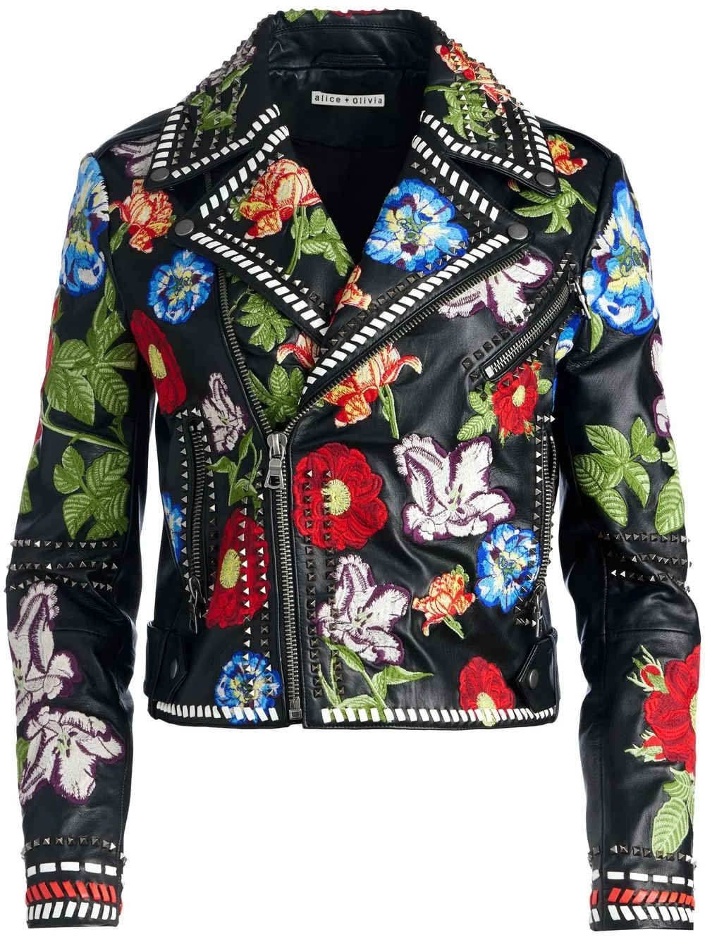 Embellished Studded Floral Embroidered Leather Jacket