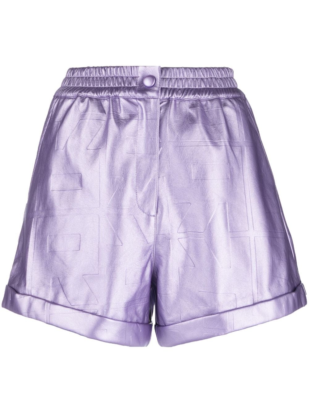 Shop Rotate Birger Christensen Belina Embossed-logo Metallic Shorts In Purple