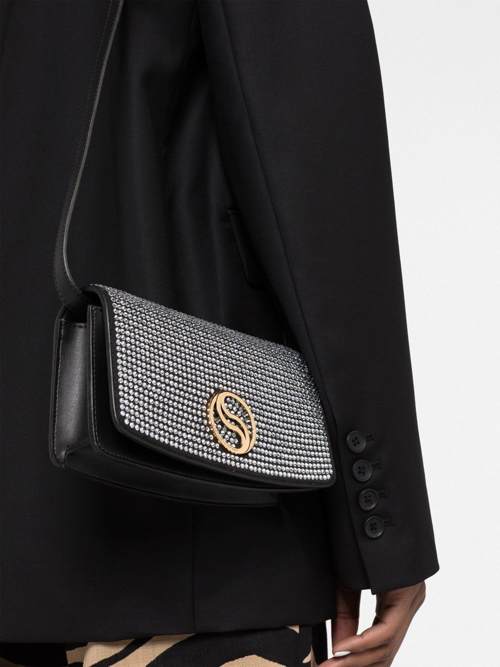 Shop Stella Mccartney S-wave Crystal-embellished Crossbody Bag In Black