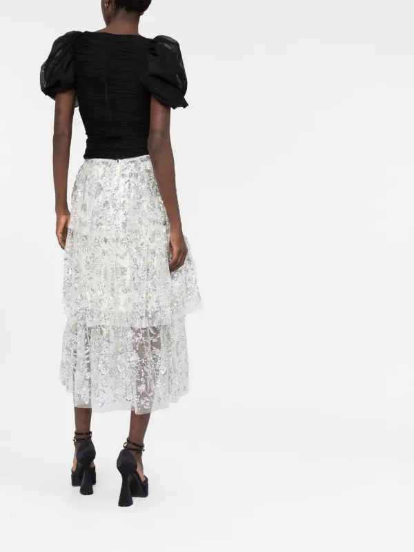 Self-Portrait sequin-embellished Tiered Midi Skirt - Farfetch