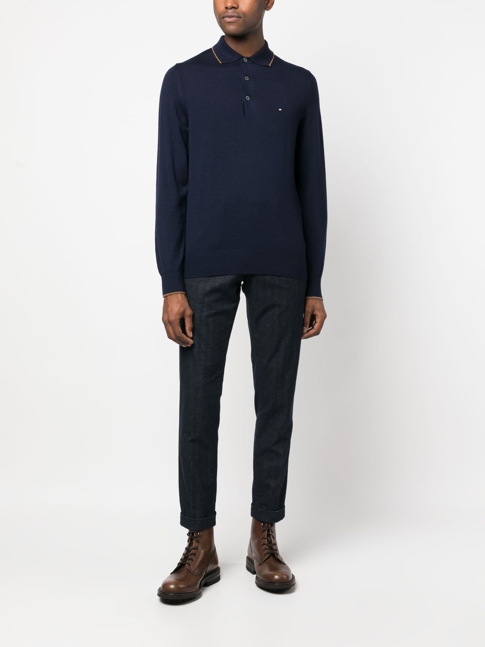 Shop Tommy Hilfiger Fine Knit Wool Polo Jumper In Blue