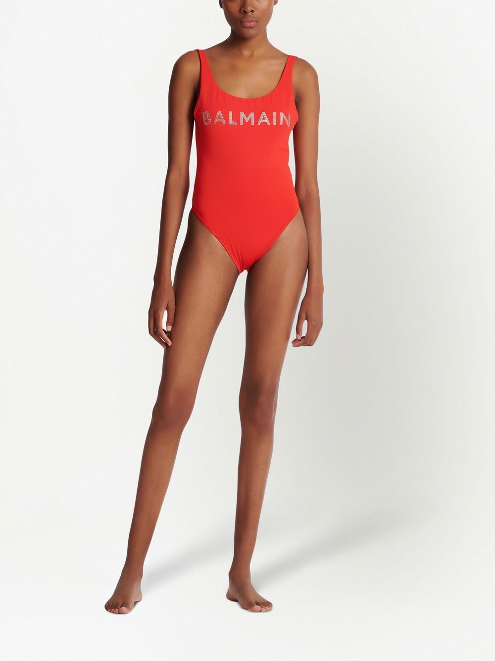 Shop Balmain Logo-print Sleeveless Swimsuit In Red