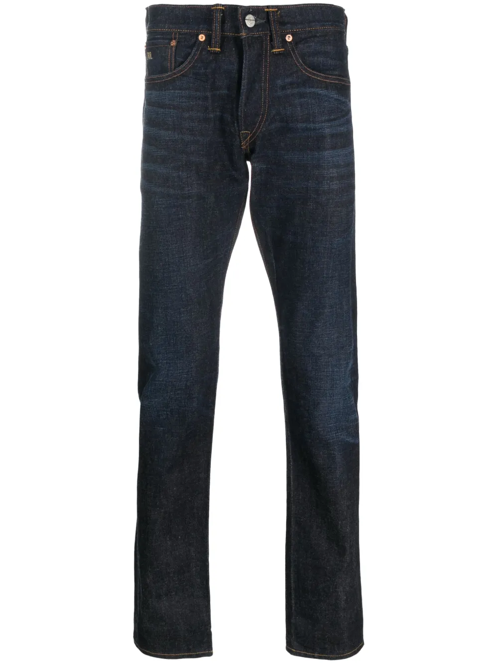 Shop Ralph Lauren Rrl Logo-embroidered Slim-cut Jeans In Blau