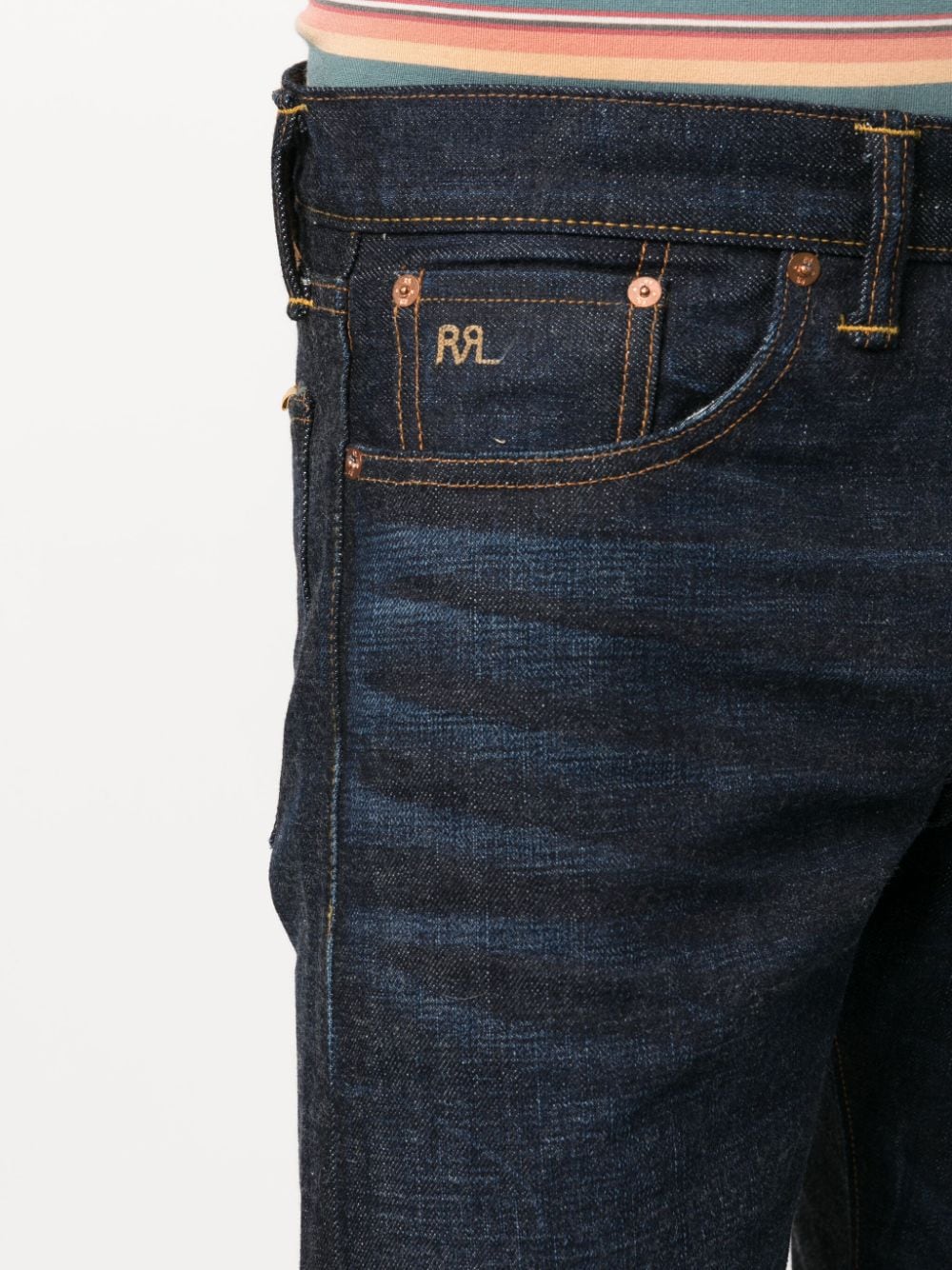 Shop Ralph Lauren Rrl Logo-embroidered Slim-cut Jeans In Blau