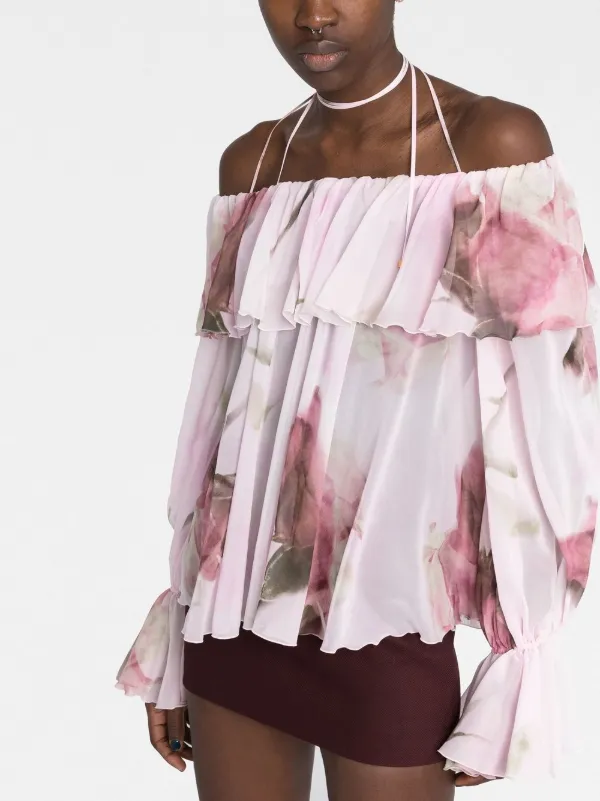 Blumarine Blusa Con Volantes y Estampado Floral Rosado FARFETCH CO