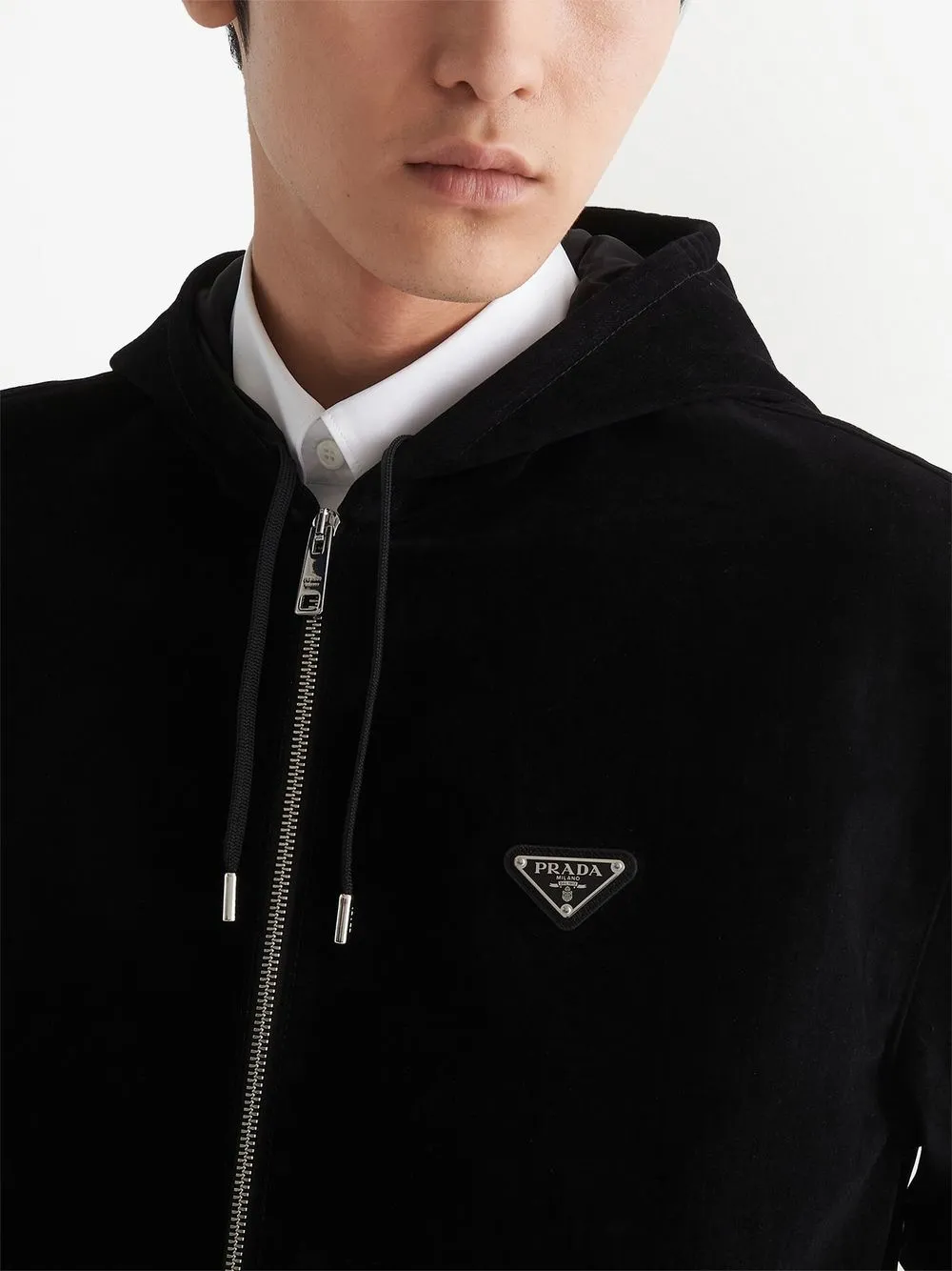 Shop Prada Triangle-logo Velvet Blouson Jacket In F0002 Black