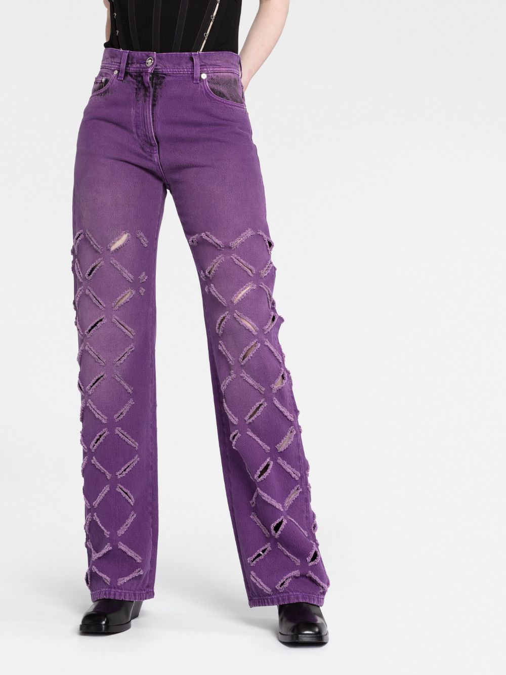 Shop Versace Ripped-detail Straight-leg Jeans In Purple