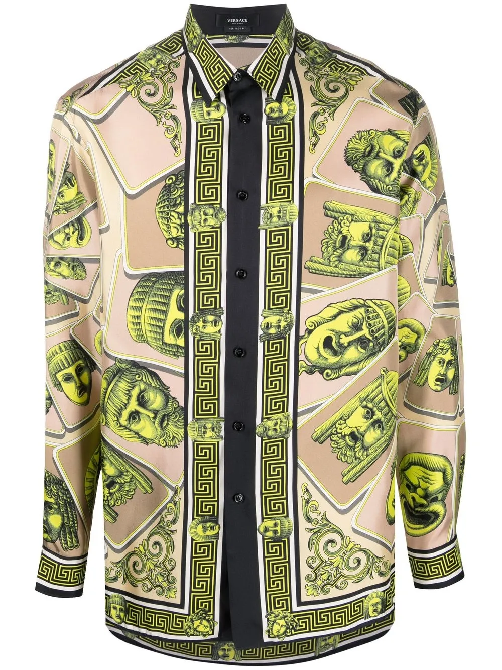 Versace Le Maschere Silk Shirt, Male, Print, 58 In Green,beige