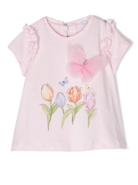 Monnalisa floral-print butterfly-appliqué T-shirt