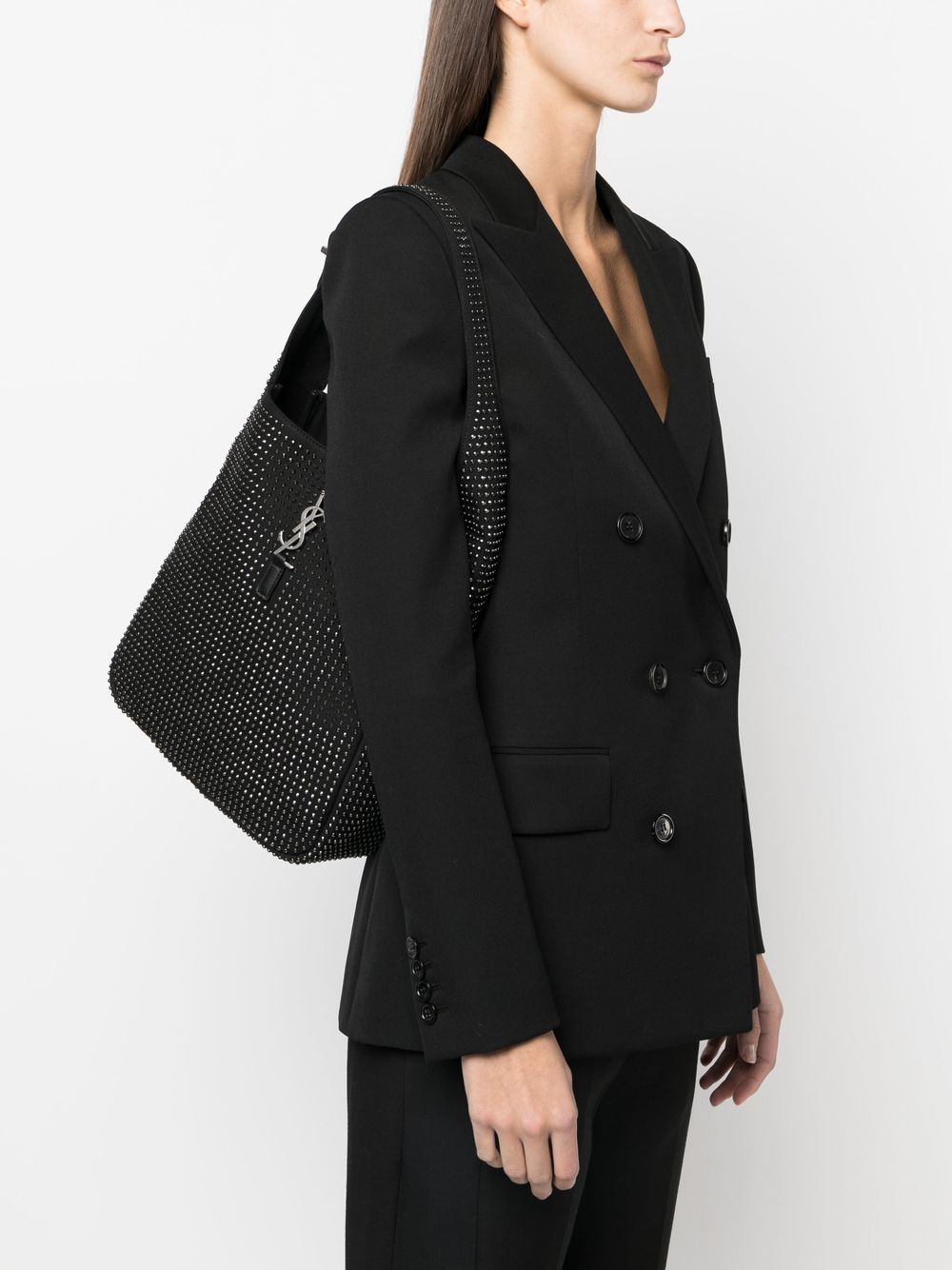 Shop Saint Laurent Ysl-plaque Studded Shoulder Bag In Black