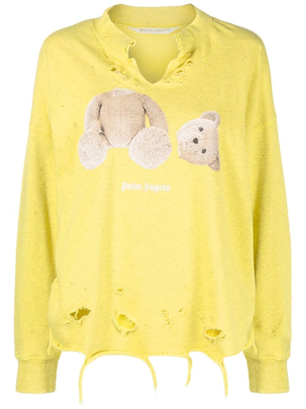 Palm Angels Teddy-print Distressed Sweatshirt In Yellow
