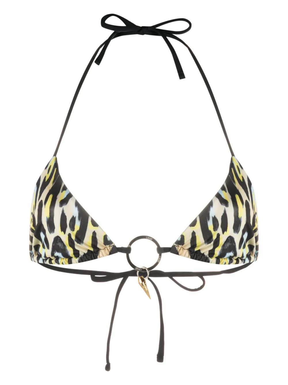 Roberto Cavalli Leopard-print Teeth-pendant Bikini Top In Black