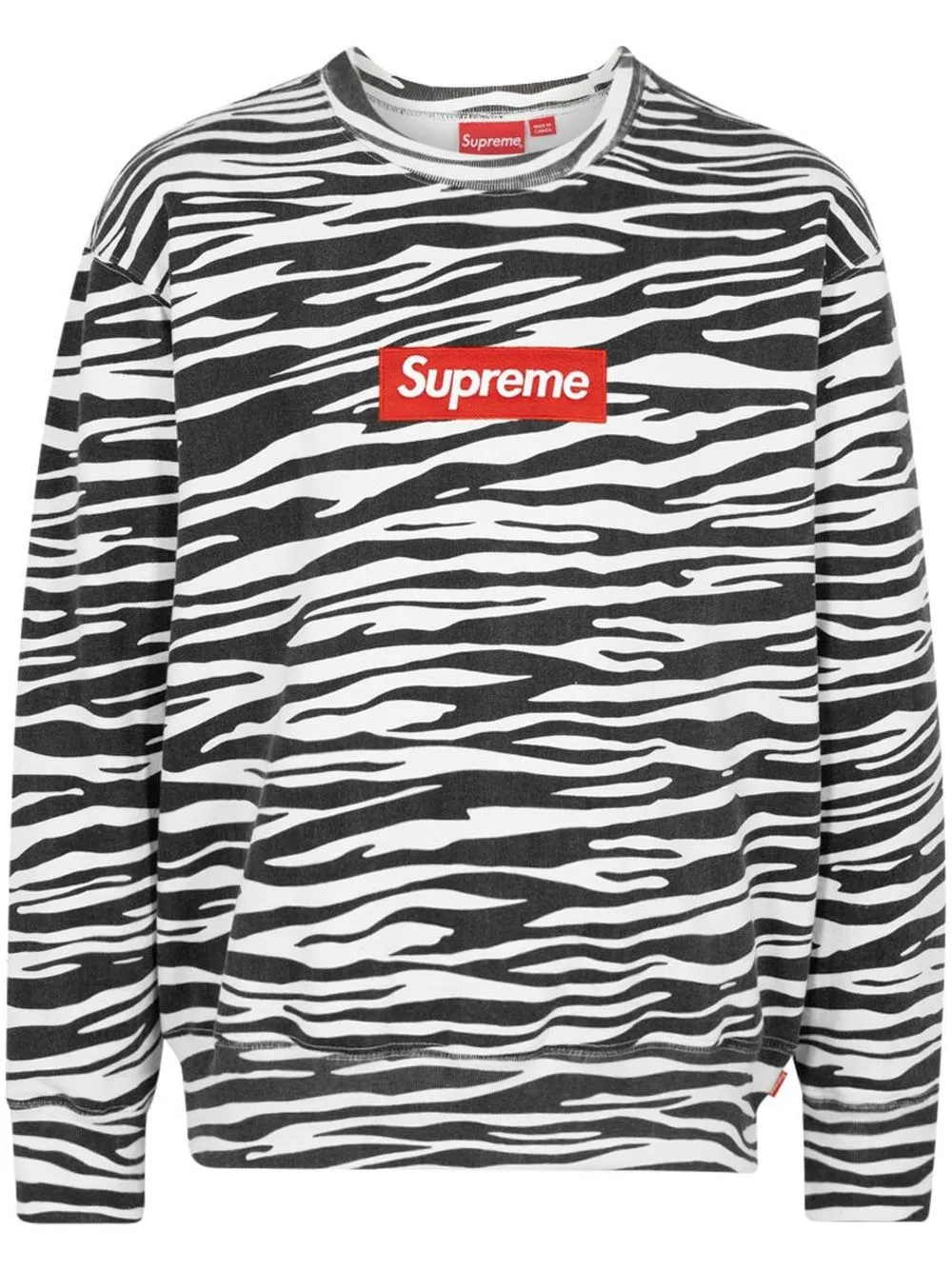 Supreme Box Logo Crewneck (Zebra) Heavyweight crossgrain brushed-back  fleece with embroidered logo on chest.