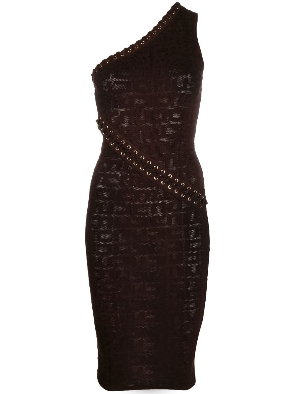 Shop Elisabetta Franchi Monogram-jacquard One-shoulder Dress In Brown