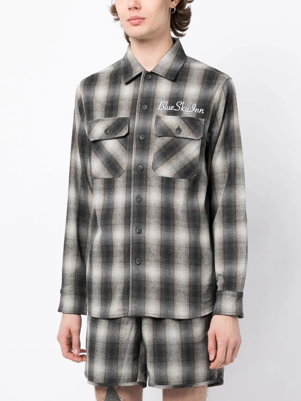 Shop Blue Sky Inn Check-pattern Long-sleeve Shirt In Grey