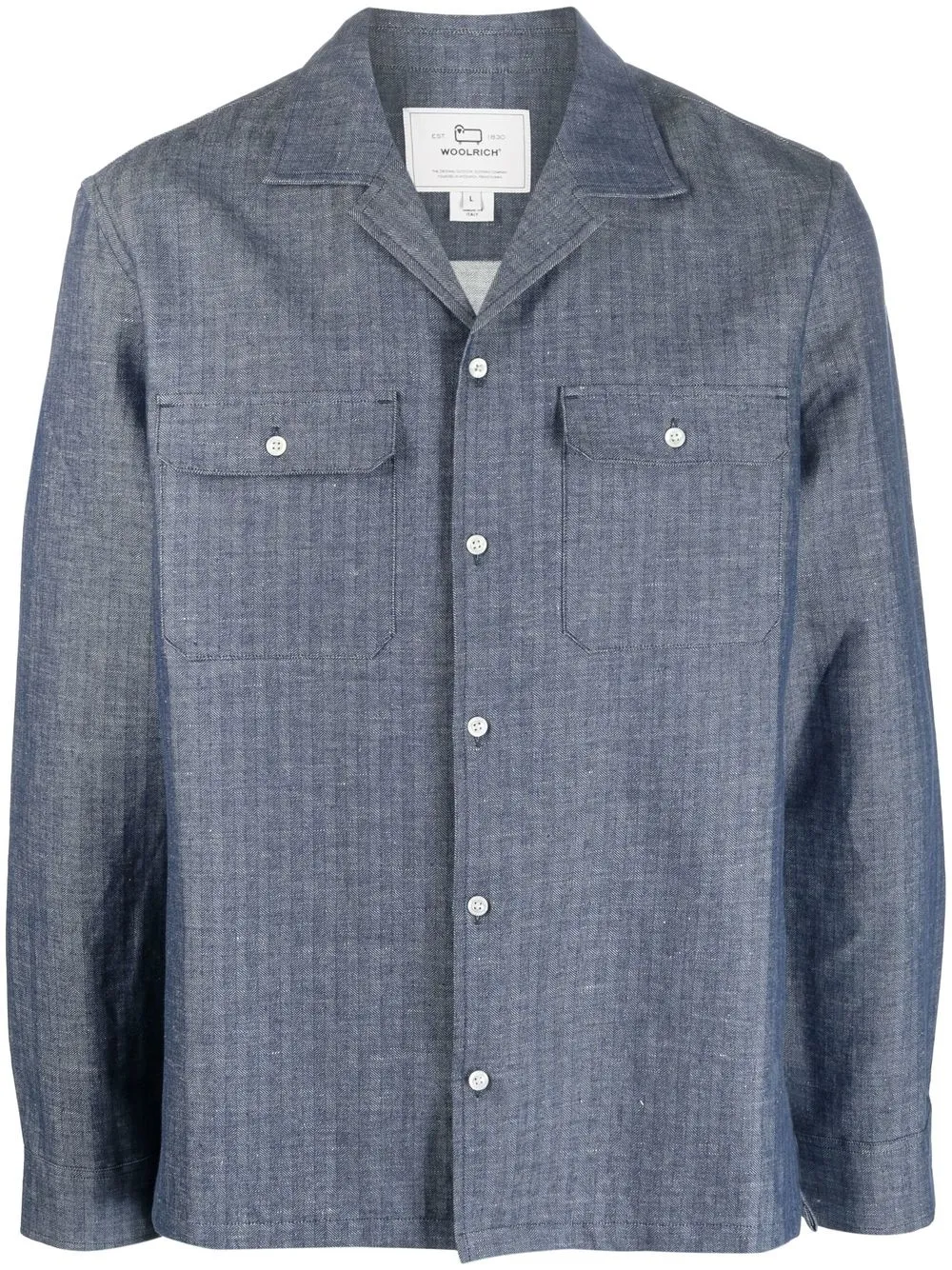 Woolrich Button-front Striped Overshirt In Blue Herringbone