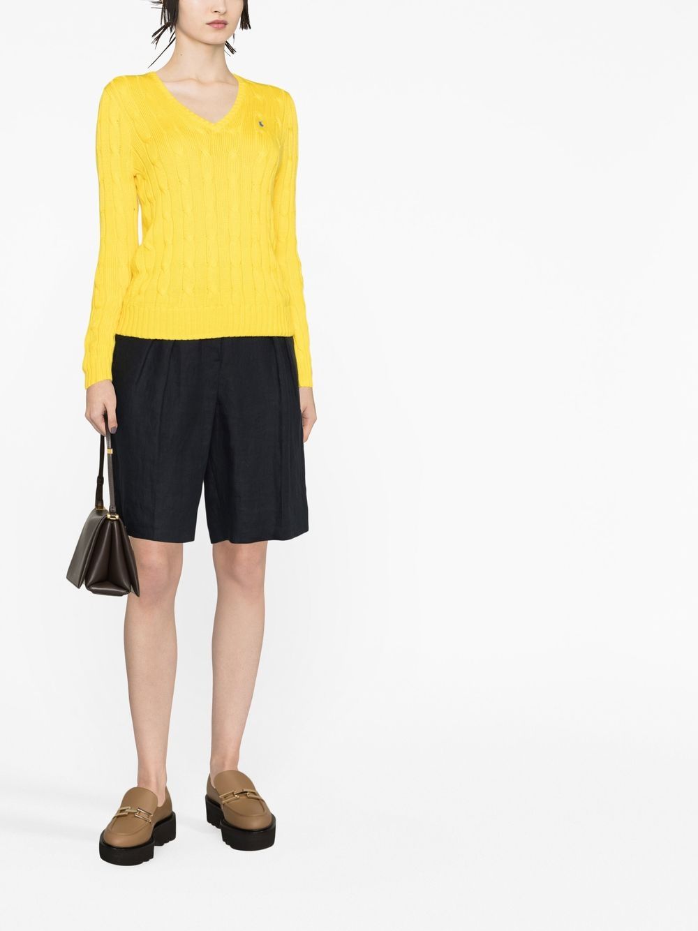 Shop Polo Ralph Lauren Kimberly Cable Knit V-neck Jumper In Gelb