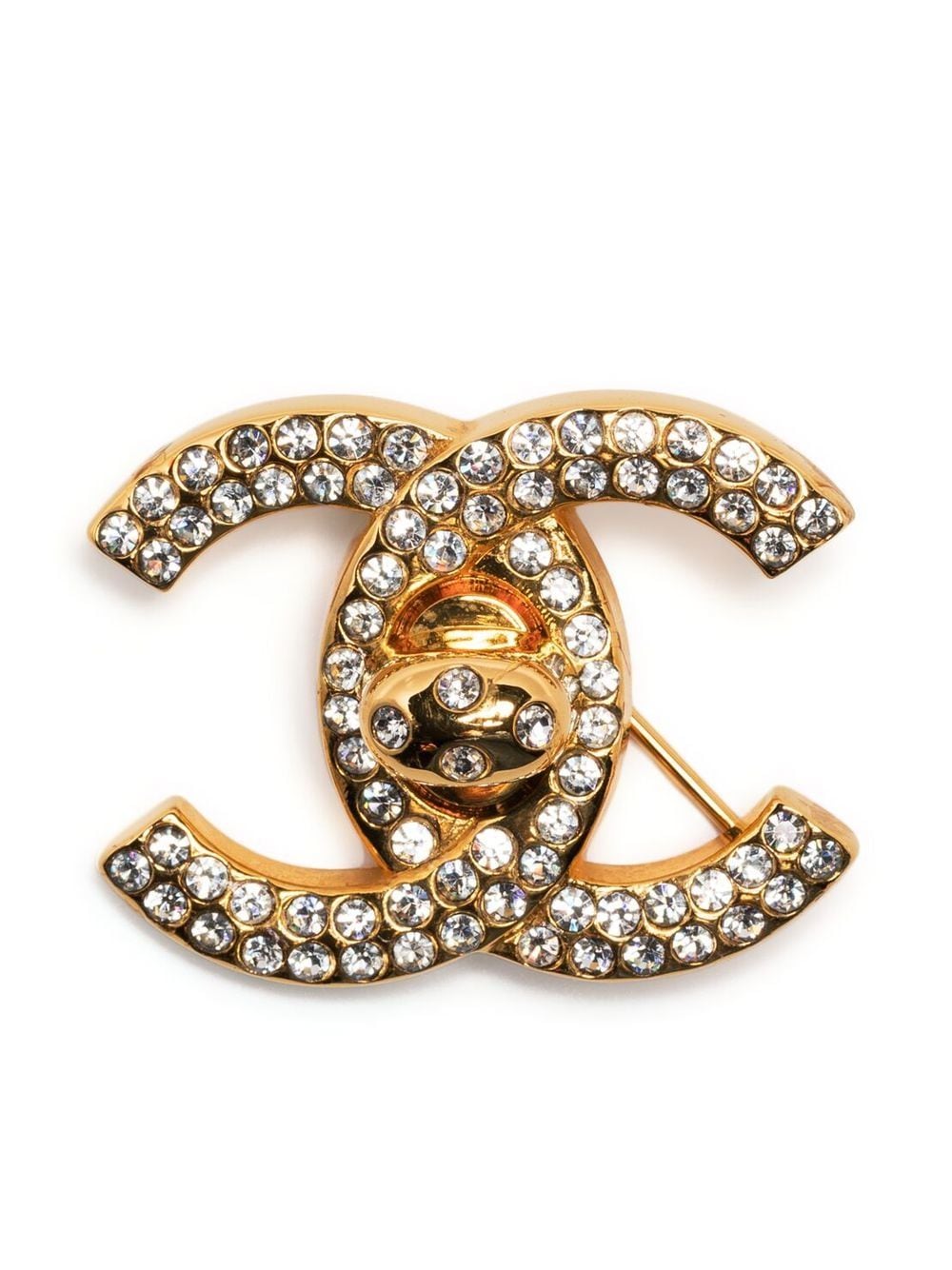 Pre-owned Chanel 1997 Cc Turn-lock Rhinestone-embellished Brooch In Gold