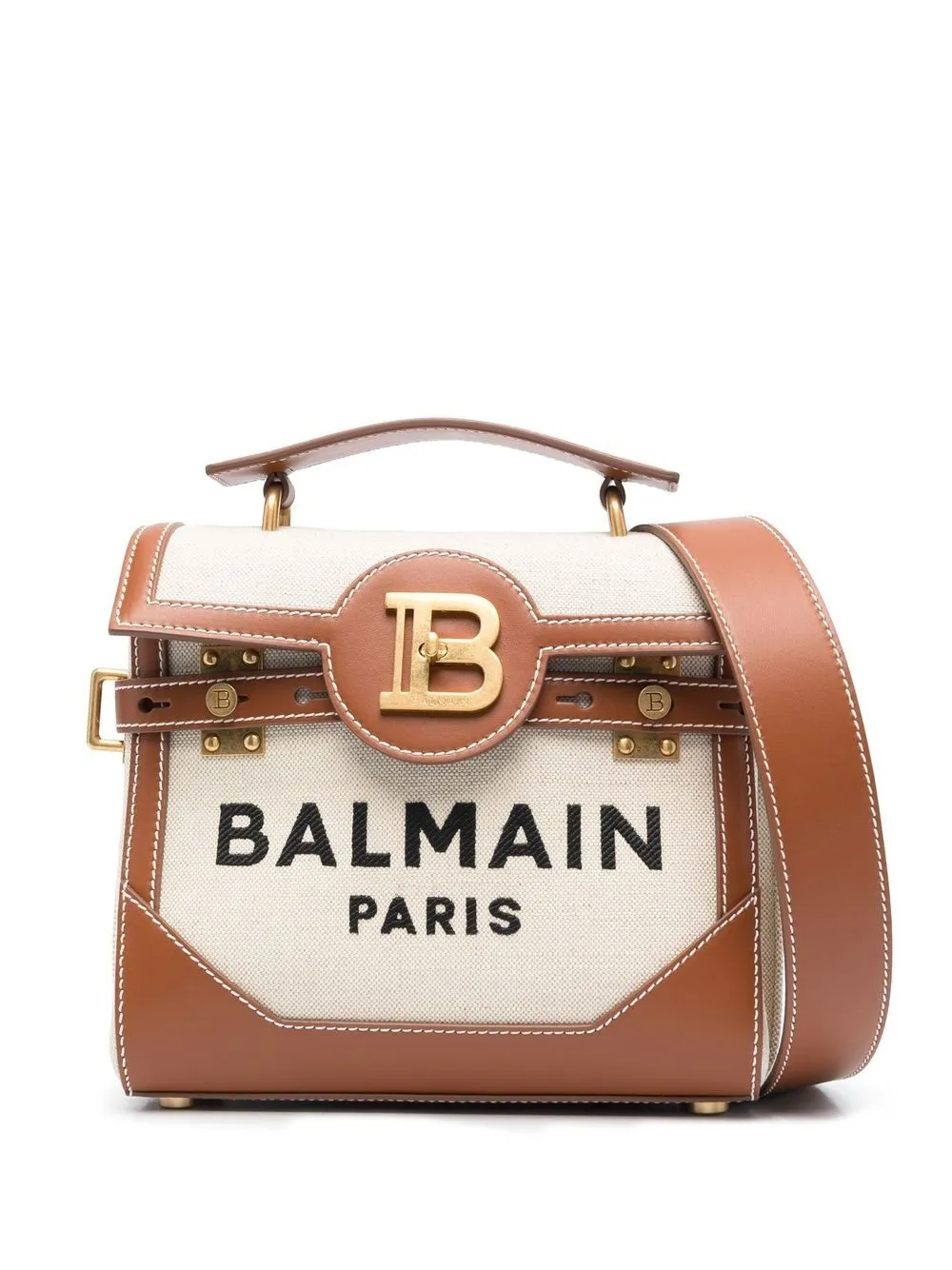 Balmain Bbuzz 22 Top-handle Bag In Canvas And Leather In Neutrals