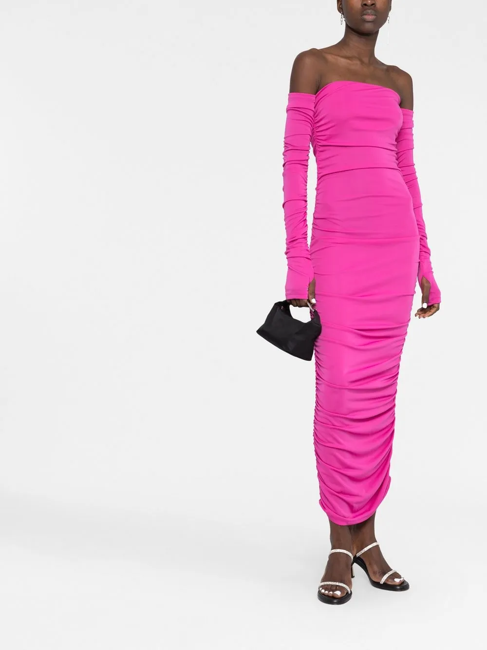 THE ANDAMANE off shoulder Ruched Maxi Dress Pink FARFETCH UK