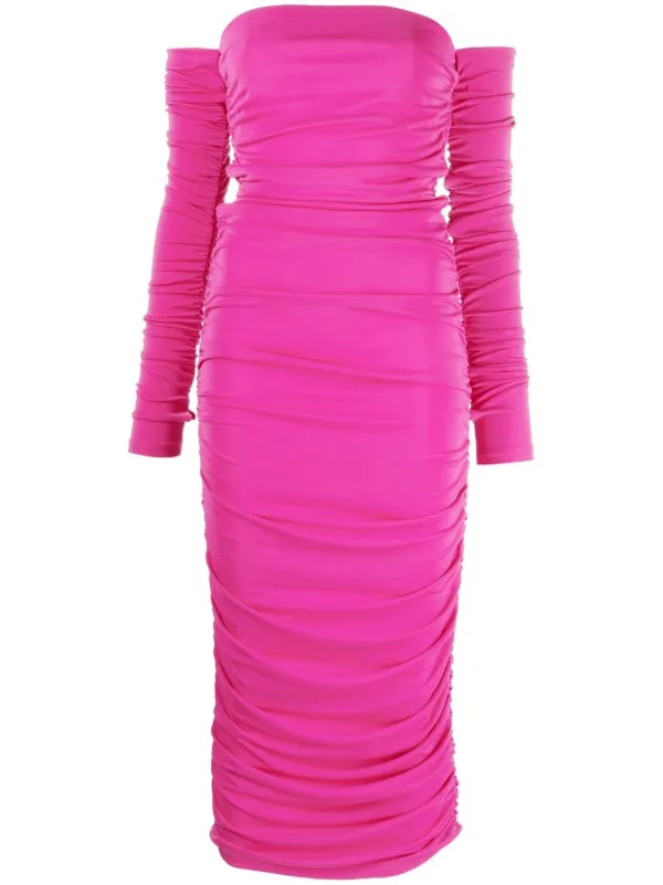 chinese dress ladies Pink Off The Shoulder Ruched Mesh Maxi Dress