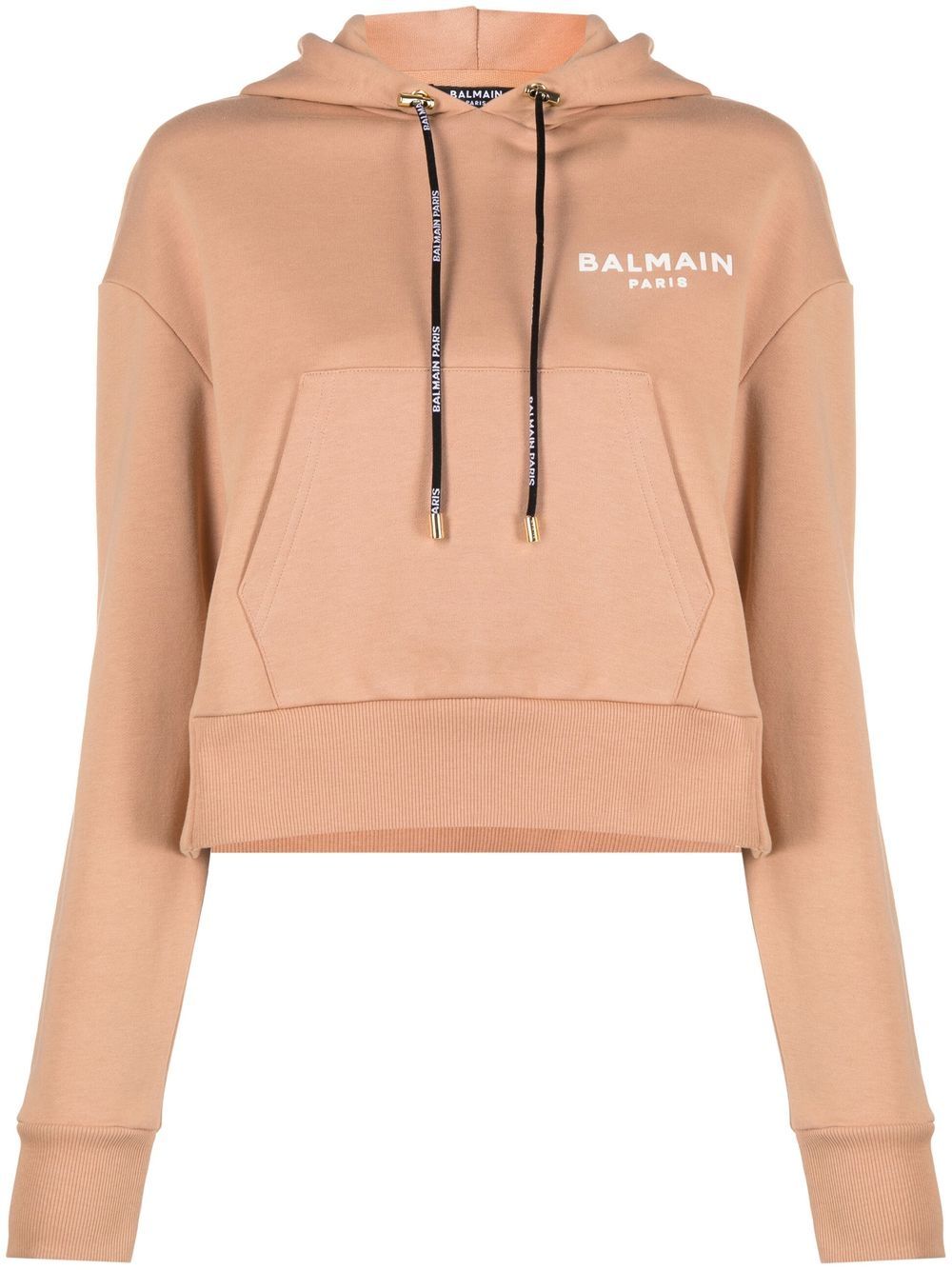 Shop Balmain Logo-print Cropped Hoodie In Brown