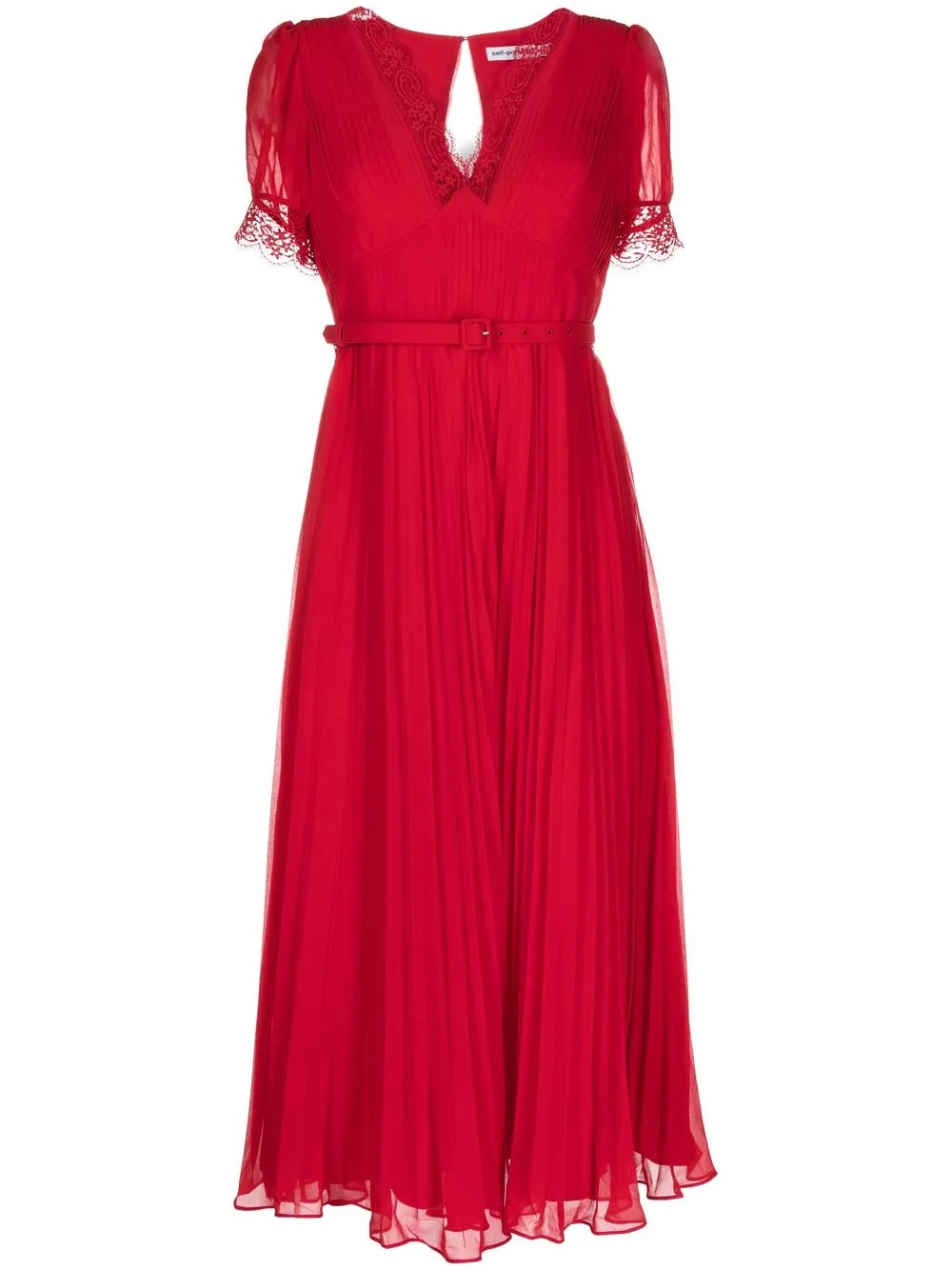 

Self-Portrait pleated lace appliqué midi dress - Red