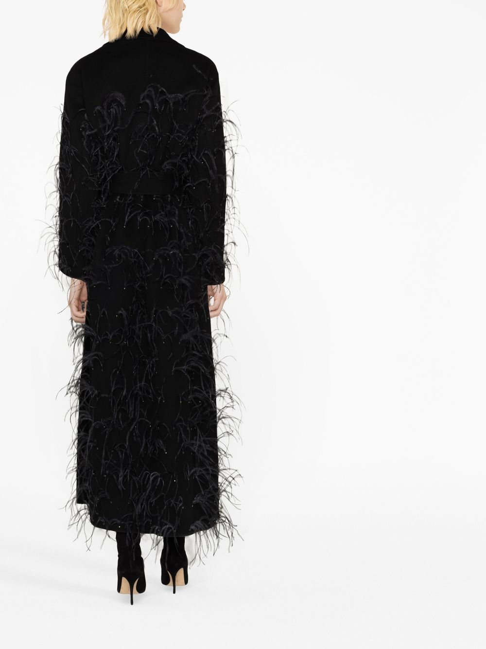 Shop Elie Saab Feather-embellished Tied-waist Coat In Black