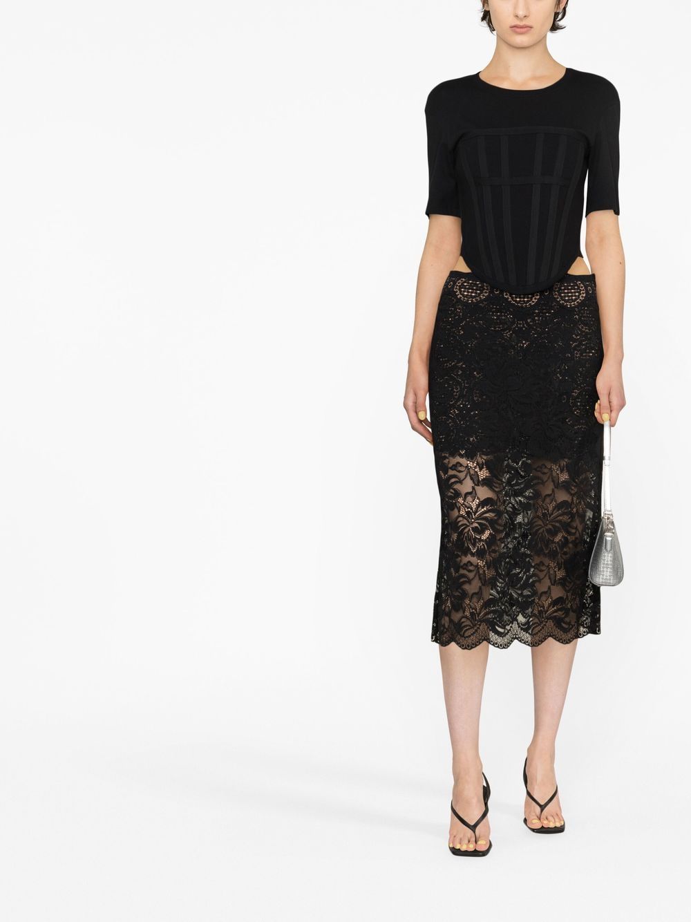 Shop Paco Rabanne Floral-lace Midi Skirt In Black