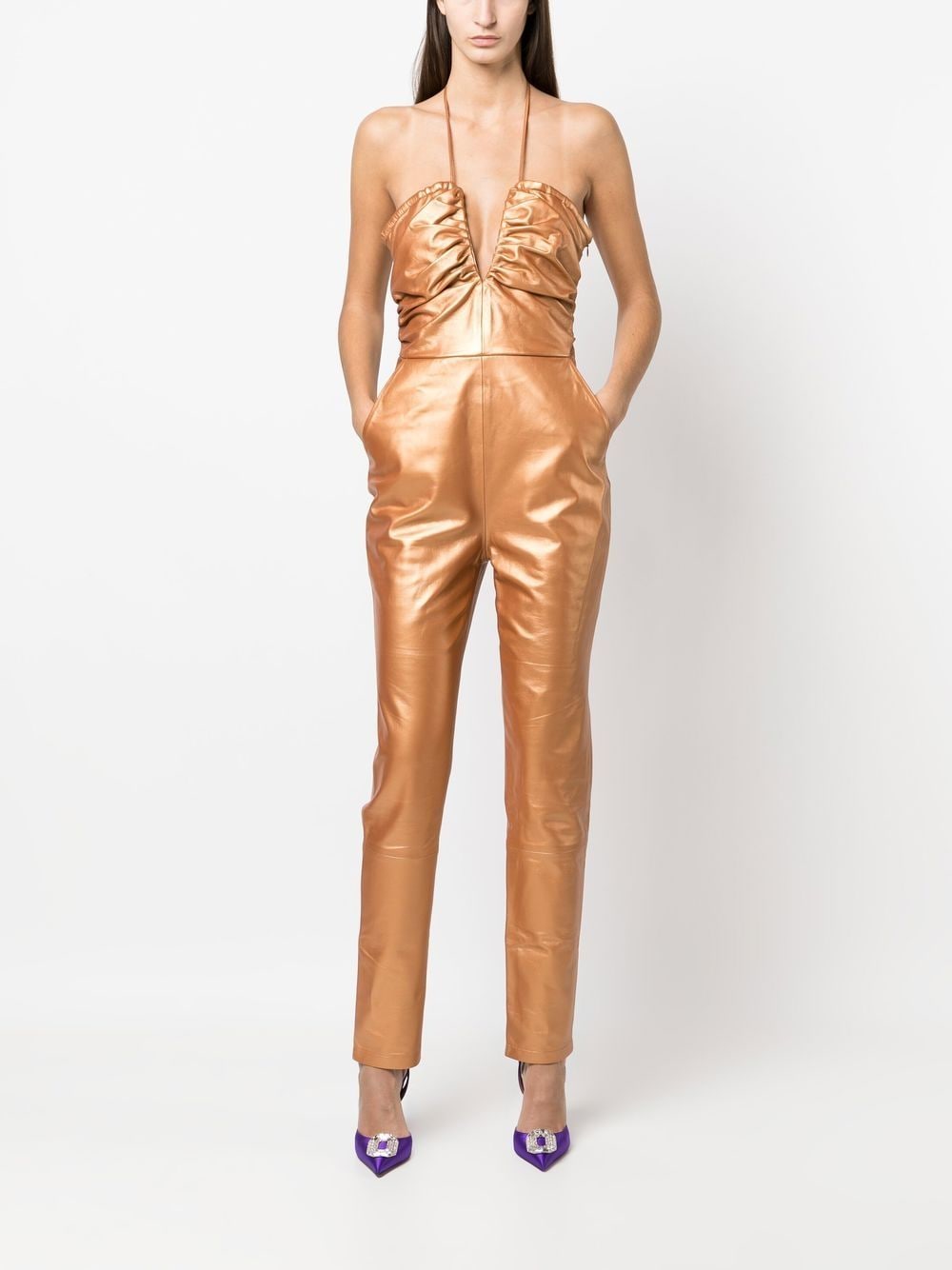 Shop Zeynep Arcay Ruched-bodice Jumpsuit In Gold