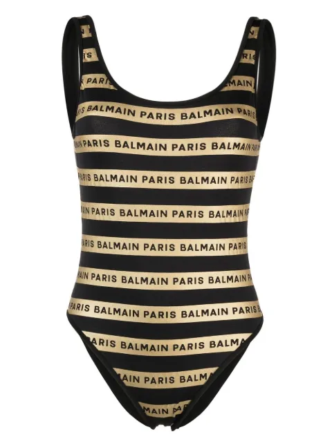 Balmain metallic-stripe logo-print swimsuit