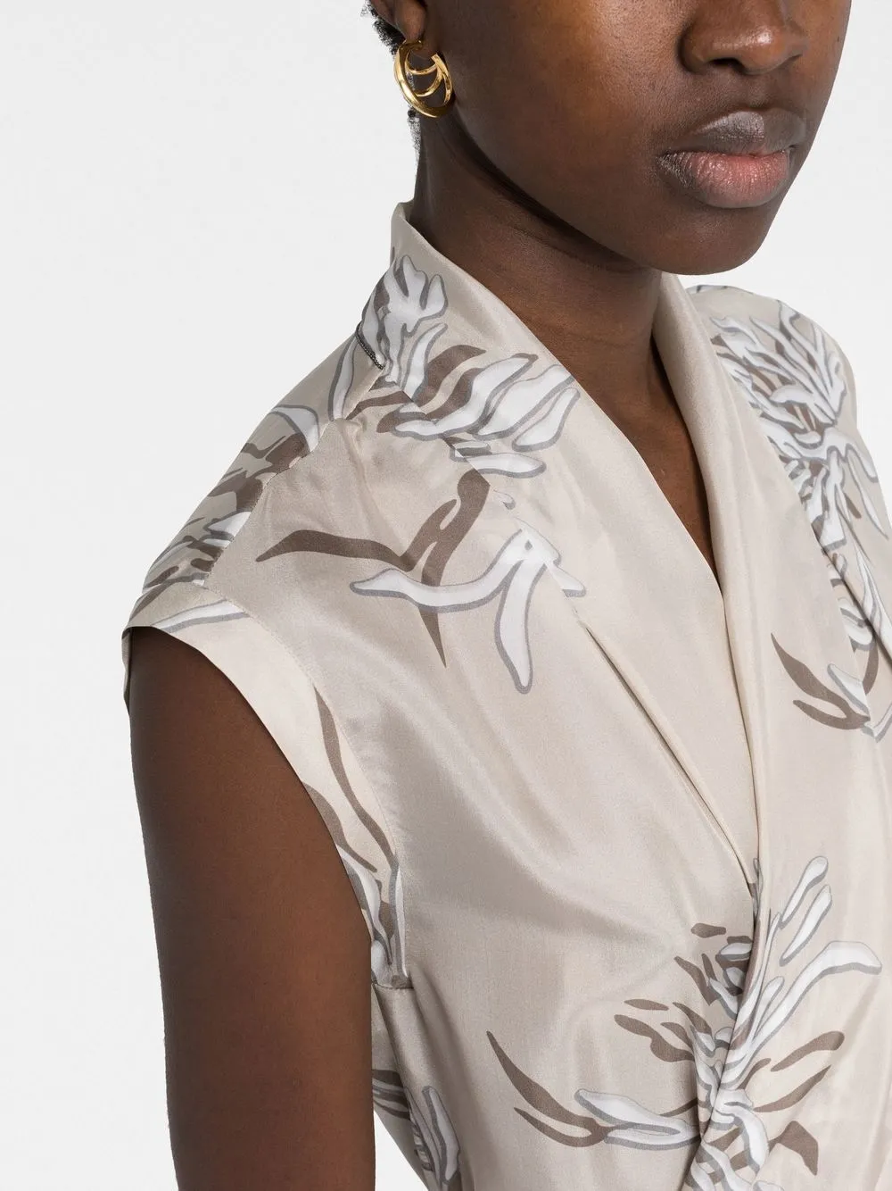 Brunello Cucinelli Marine Botanical-print Silk Wrap Blouse In Neutrals