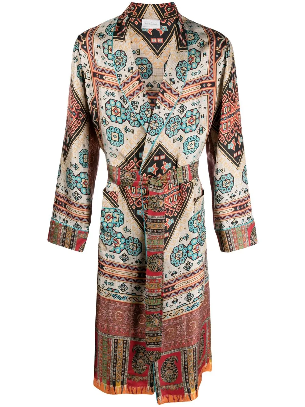 

Pierre-Louis Mascia Aloe geometric-print silk wrap coat - Neutrals