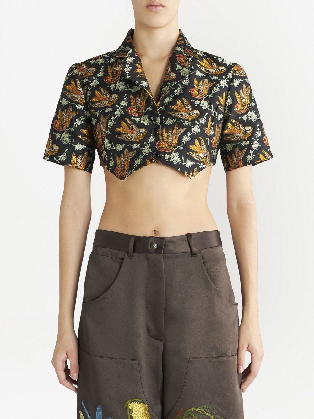 Shop Etro Floral-print Cropped Shirt In Black