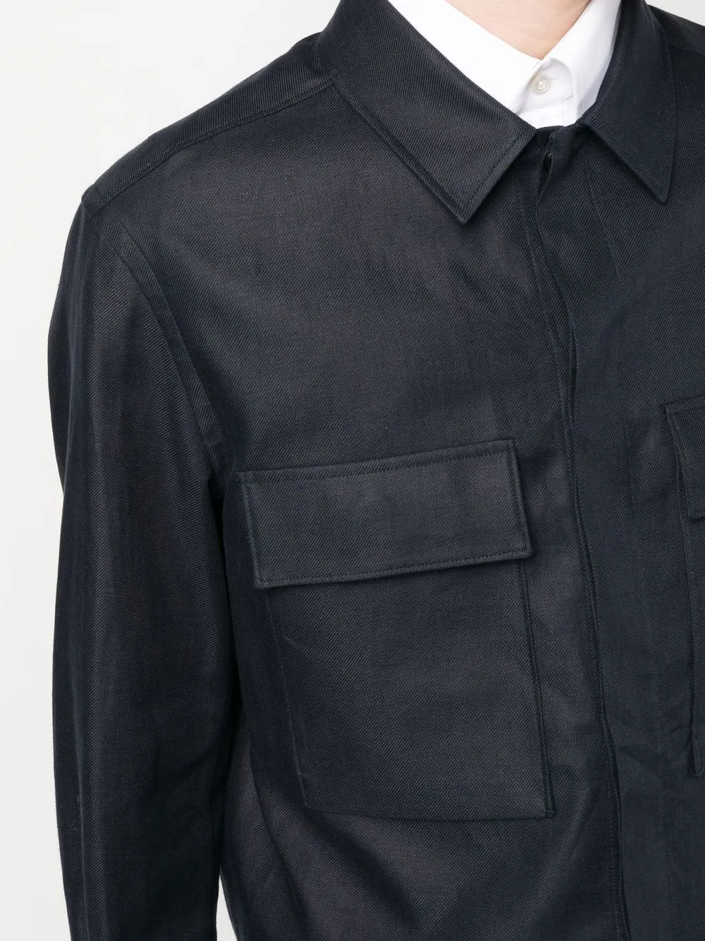 Zegna Men's Covered Placket Linen Overshirt In Blue