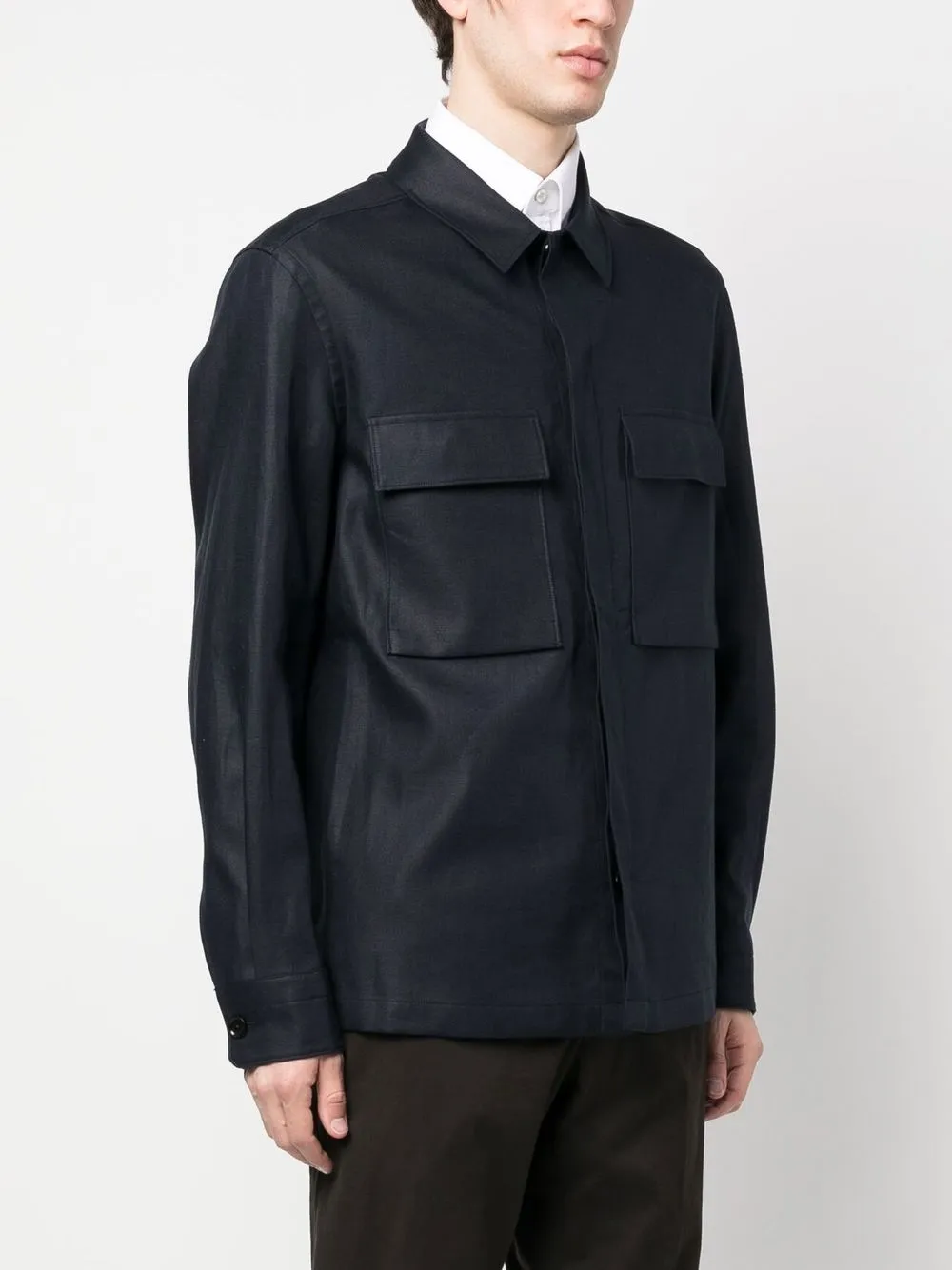 Zegna Men's Covered Placket Linen Overshirt In Blue