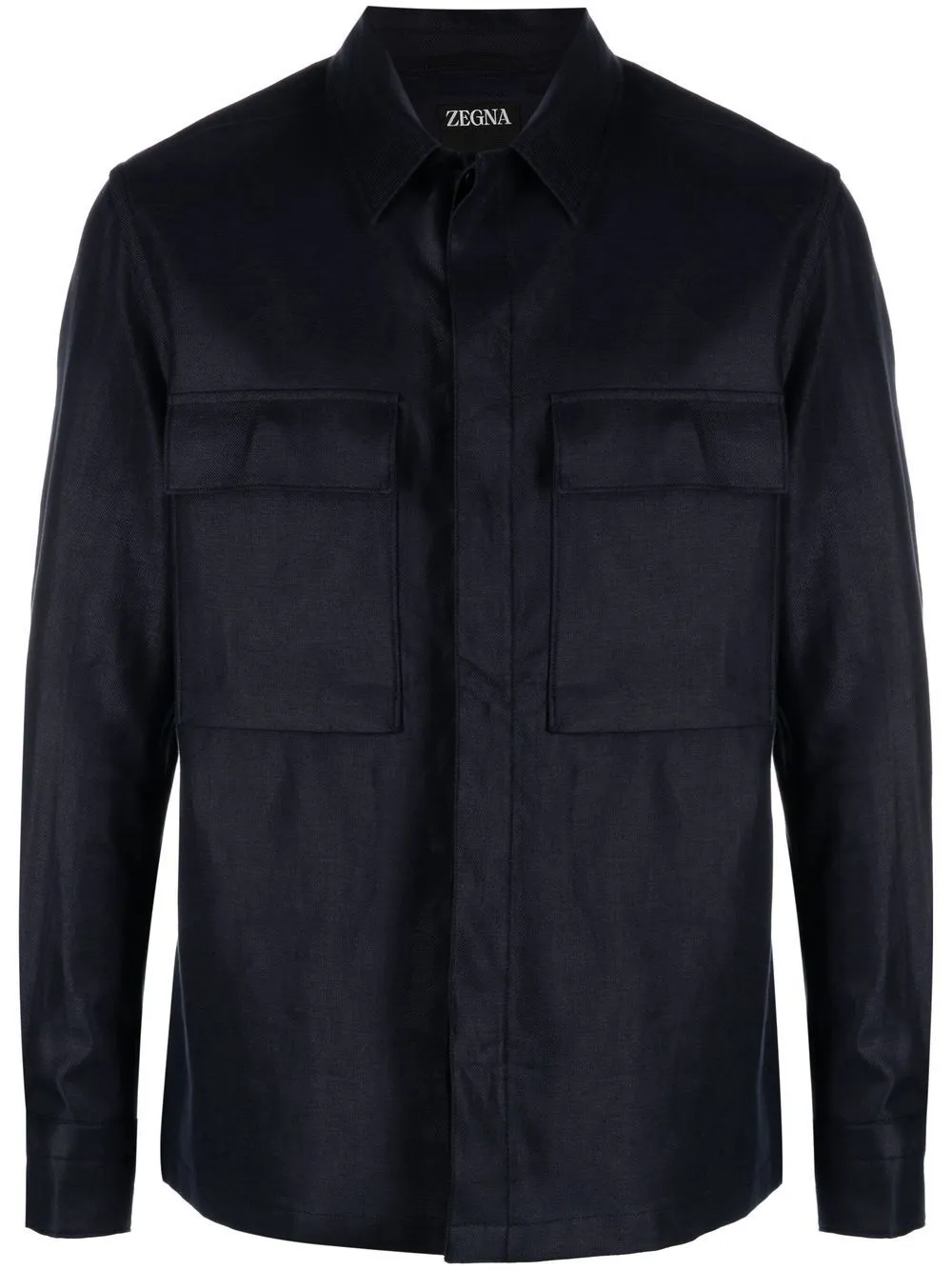 Zegna Men's Covered Placket Linen Overshirt In Blue