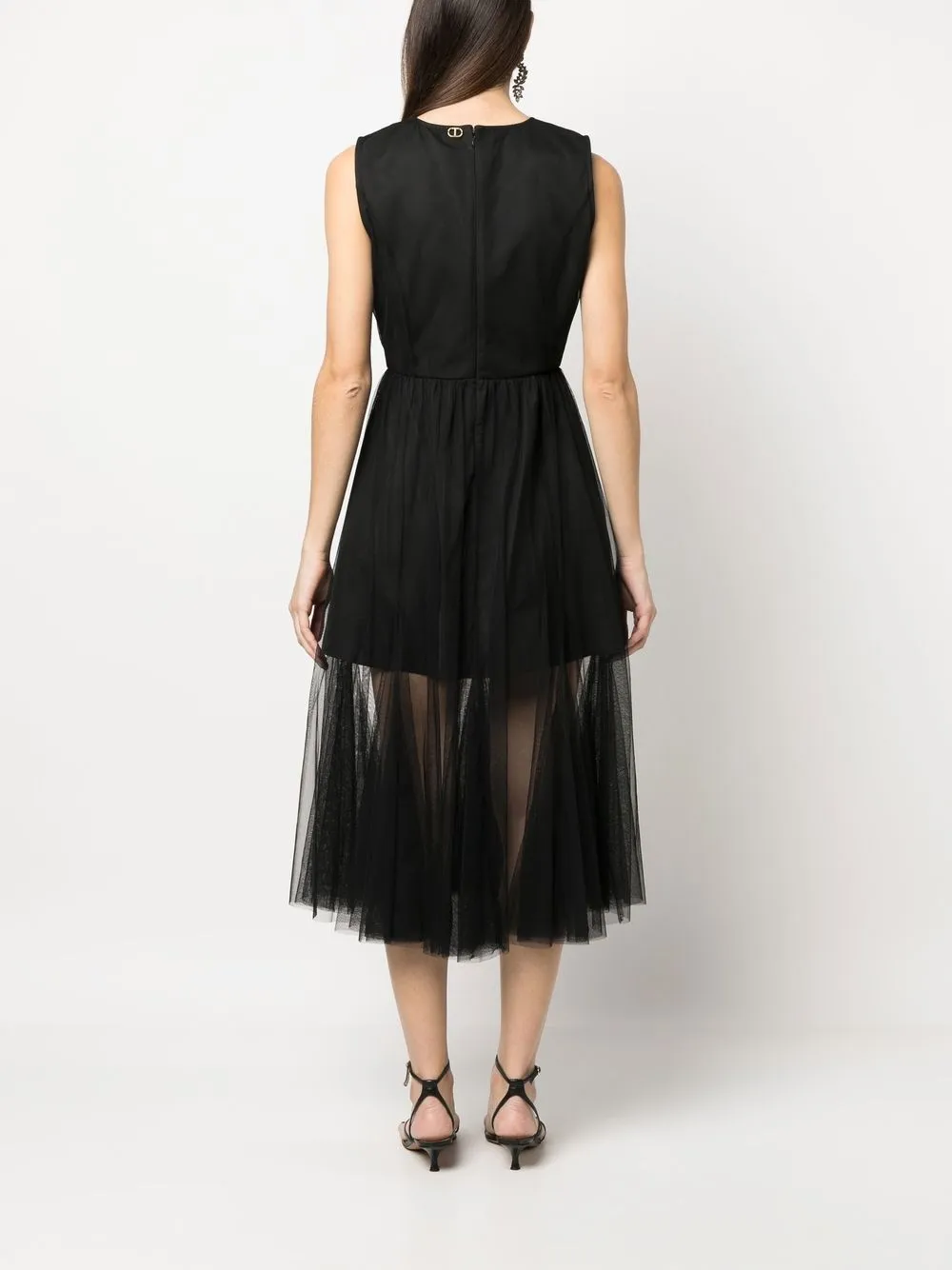 Twinset Tulle-trim Sleeveless Midi Dress In Schwarz