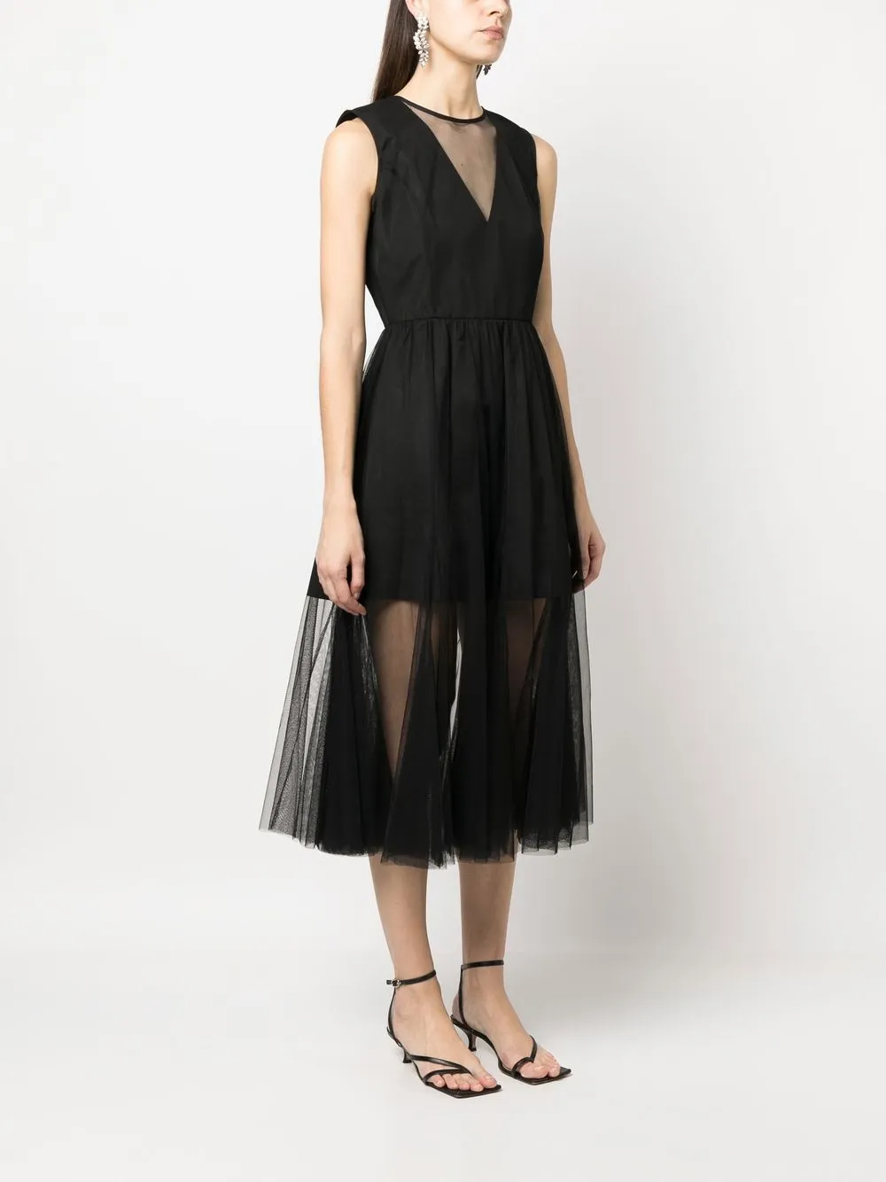 Twinset Tulle-trim Sleeveless Midi Dress In Schwarz