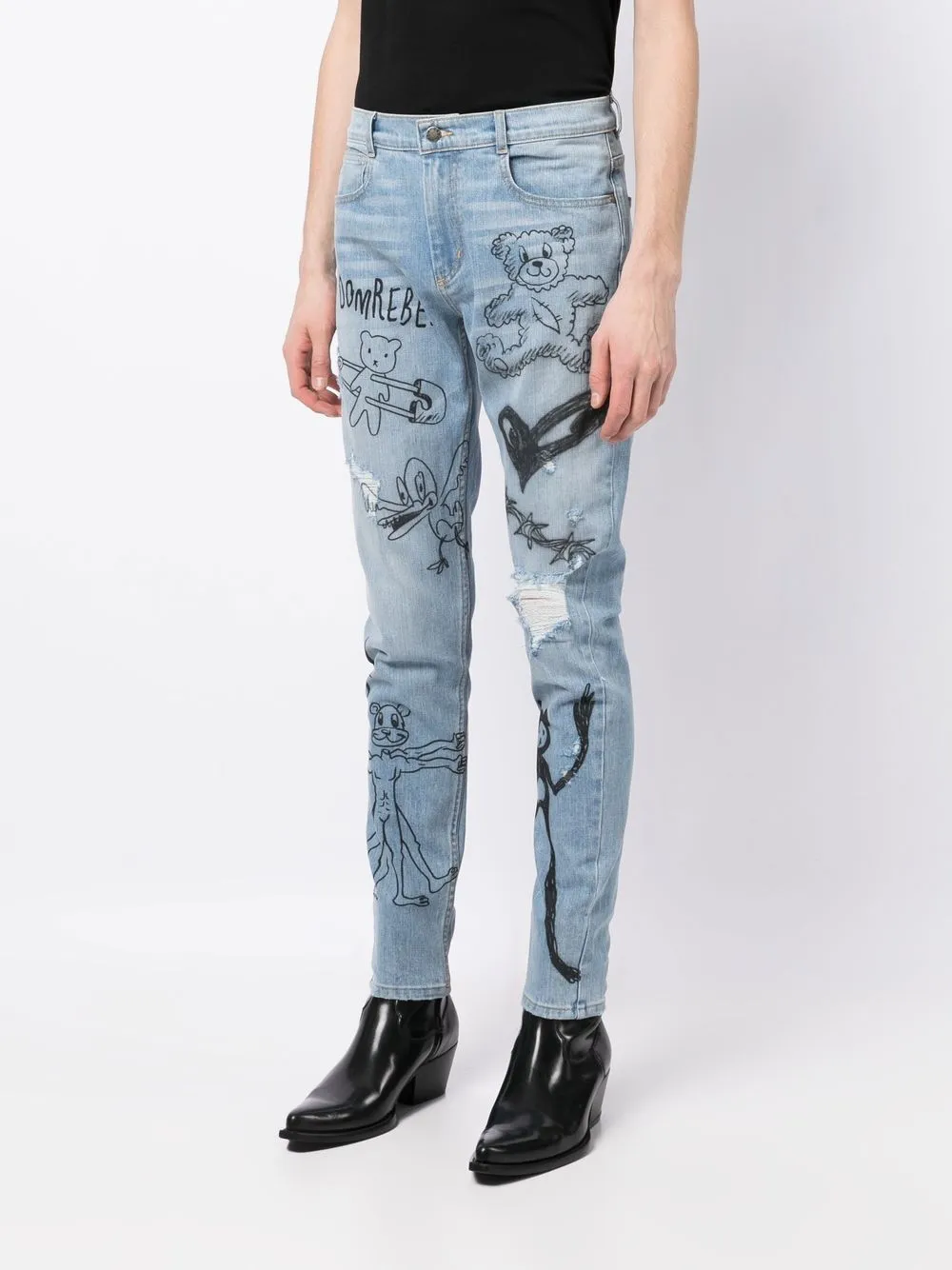 Domrebel Scribble Printed Skinny Jeans In Blue