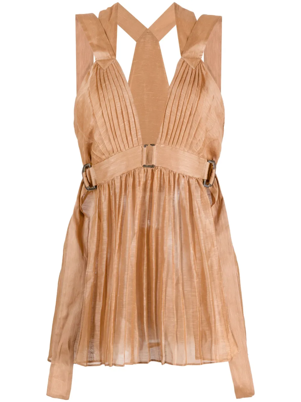 Alberta Ferretti Pleated V-neck Sleeveless Blouse In Brown