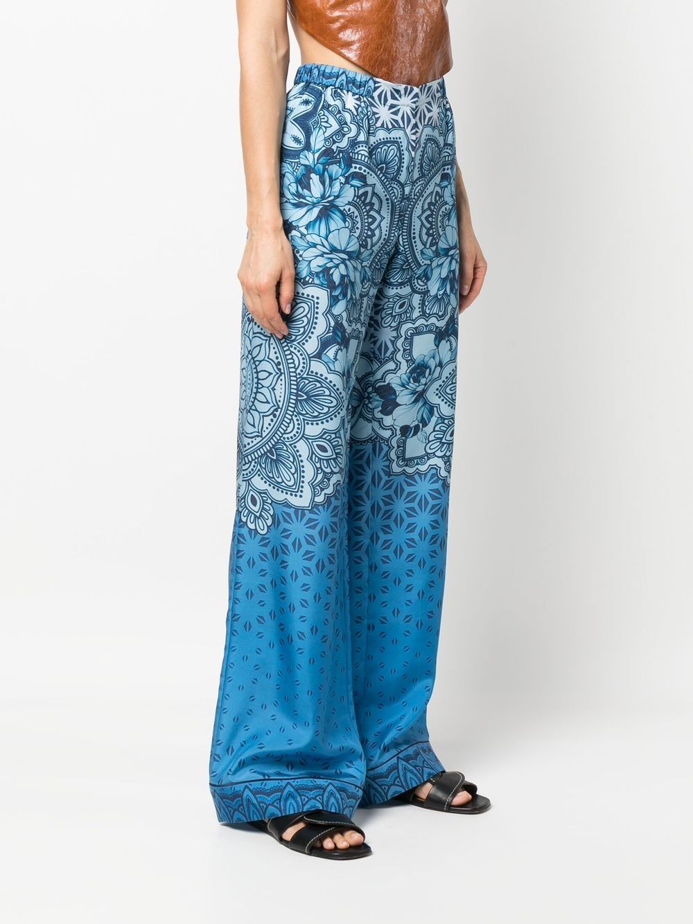 Shop Alberta Ferretti Silk Graphic-print Wide-leg Trousers In 蓝色