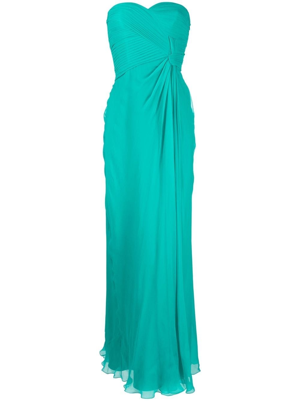 Alberta Ferretti Gathered Strapless Gown In Verde