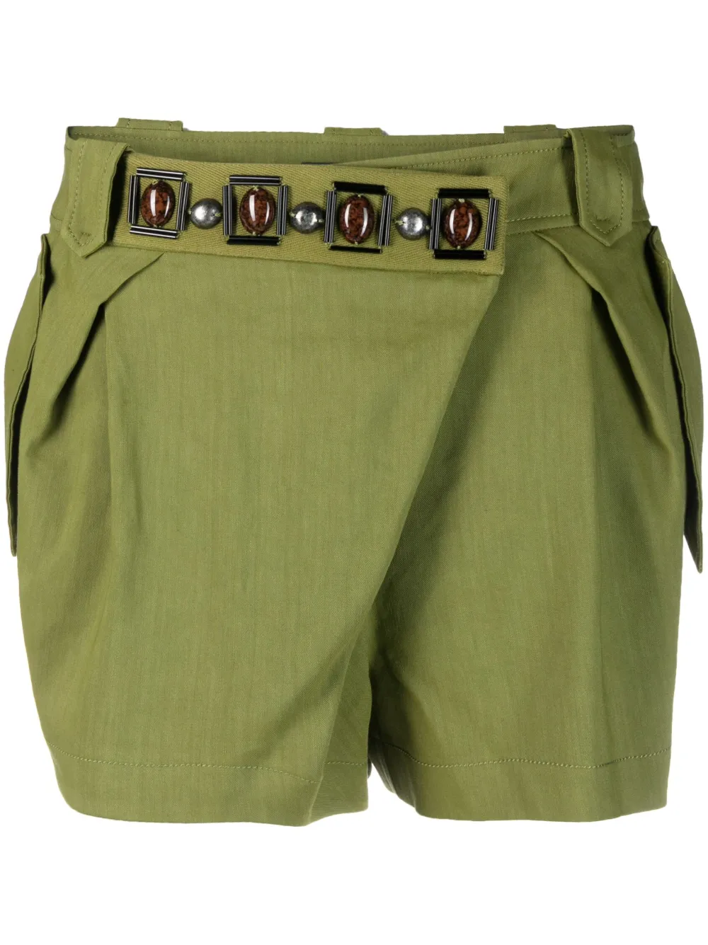 Alberta Ferretti Linen Blend Shorts With Gemstones In Verde