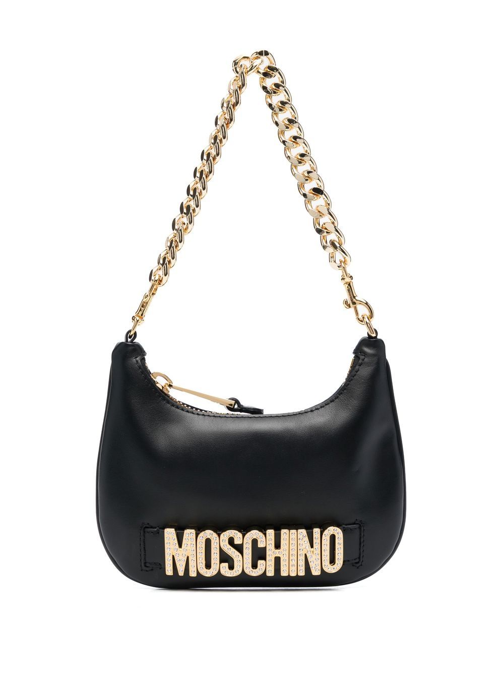 Moschino Women's Leather Crystal-logo Crescent Shoulder Bag In Black Multi