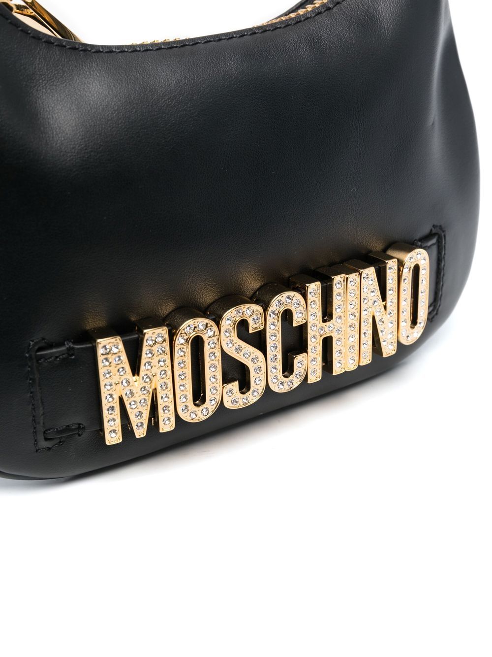 Shop Moschino Crystal-logo Leather Shoulder Bag In Black