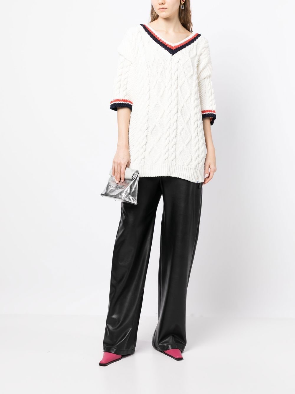 Shop Pushbutton Three-quarter Sleeve Cable-knit Top In White