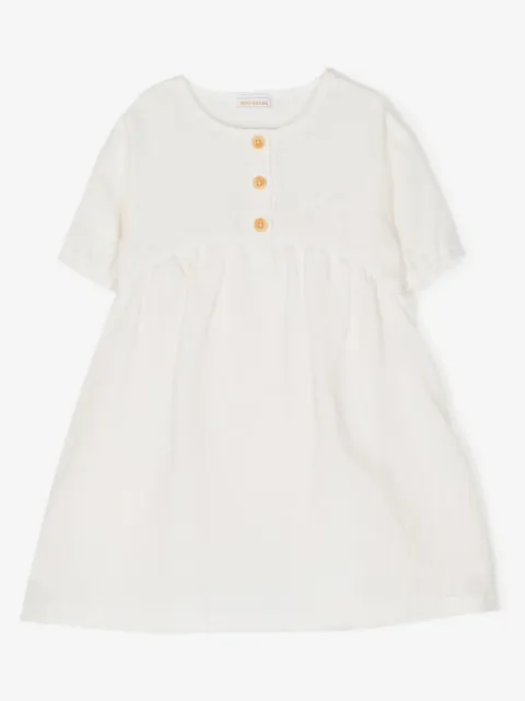 Miki House embroidered-logo flax dress