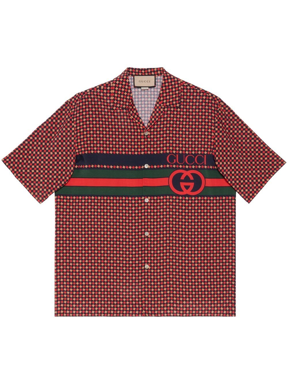 Shop Gucci Geometric Houndstooth-print Silk Shirt In Red